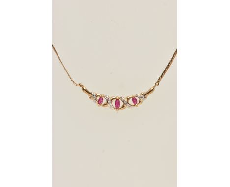 A 9CT GOLD RUBY AND DIAMOND PENDANT NECKLACE, the pendant set with three marquise cut rubies and single cut diamond accents, 