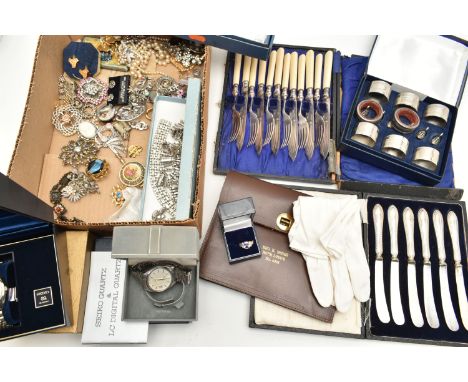 A BOX OF ASSORTED ITEMS, to include a case set of six silver handled tea knives, hallmarked 'Harrison Brothers &amp; Howson' 