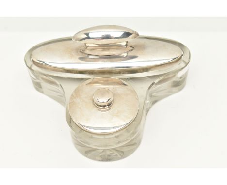 A SILVER AND GLASS NAIL BUFFER AND JAR SET, cut glass stand with an integrated jar with silver cover and a silver nail buffer
