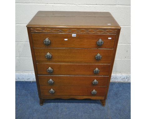 A LEBUS 20TH CENTURY OAK CHEST OF FIVE DRAWERS, width 77cm x depth 43cm x height 100cm (condition report: marks, scuffs, othe