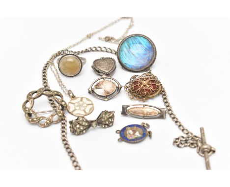 A SMALL BAG OF ASSORTED JEWELLERY, to include two white metal and worn enamel 'Charles Horner' brooches, stamped CH Sterling 