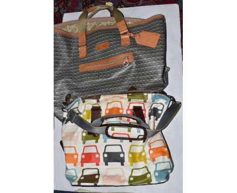 TWO ORLA KIELY TRAVEL BAGS, made by Tripp Luggage, comprising a 'Large Car' medium tote with original dust bag, and a grey 'S