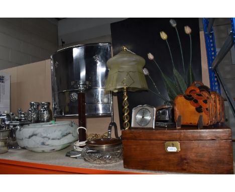 A GROUP OF LARGE VINTAGE ORNAMENTS WITH A STAINLESS STEEL TEA SET comprising an inlaid wooden box lined with vintage wallpape