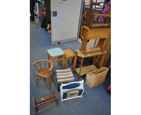 A SELECTION OF OCCASIONAL FURNITURE, to include a two tier trolley, a drop leaf table, a pouffe, three magazine racks, a book