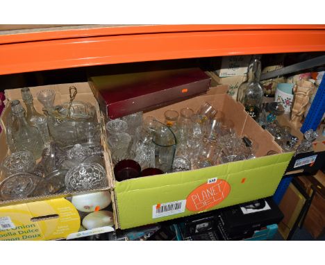 FOUR BOXES AND LOOSE GLASSWARE, to include two boxes of vintage wine glasses, a boxed set of Royal County Crystal champagne f