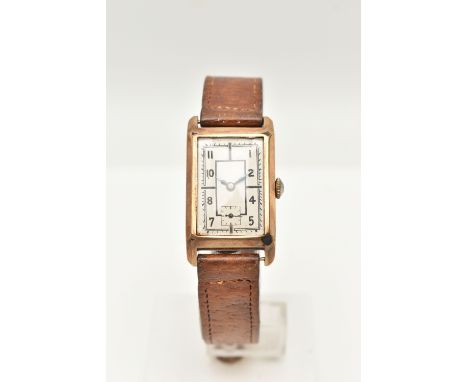 A GENTS 9CT GOLD WRISTWATCH, manual wind, silver rectangular dial with Arabic numerals, blue steel hands and a subsidiary dia