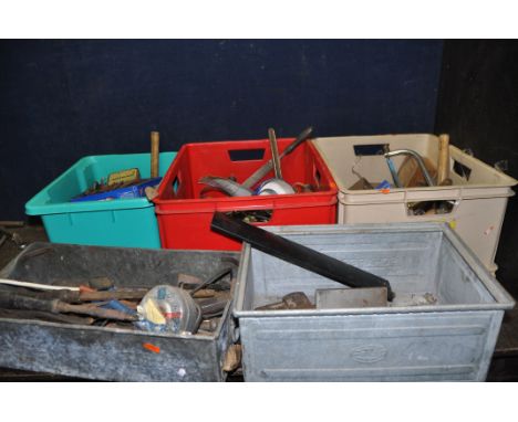 FIVE TRAYS CONTAINING TOOLS, including a Record 18 stilson, a very rusty Woden vice, a Charrington stilson, files, hammers, T