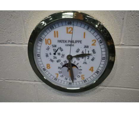 A PATEK PHILIPPE GENEVE DEALERS ADVERTISING WALL CLOCK, with a white dial, diameter 40cm (condition report: untested, overall