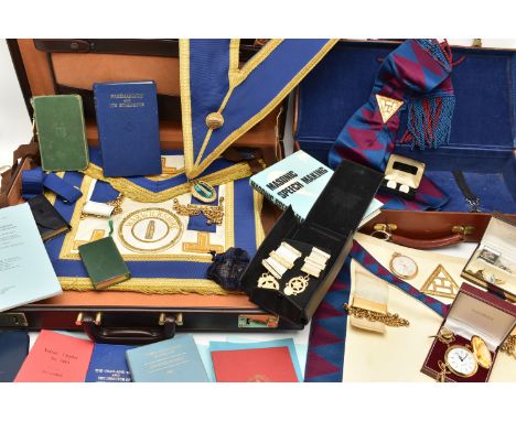 MASONIC REGALIA, to include two briefcases containing a 'Rapport' open face, manual wind pocket watch, a boxed 'Jean Pierre' 