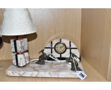 A FRENCH ART DECO LAMP AND AN ART DECO CLOCK to include a marble lamp with an incorporated photo frame, with a vintage shade,