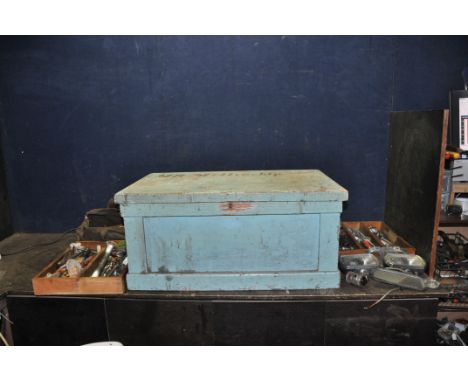 A VINTAGE PINE TOOL CHEST, with two lift away internal trays containing automotive tools, including spanners by Britool, Will