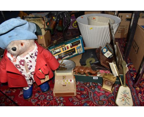 ONE BOX AND LOOSE MISCELLANEOUS ITEMS to include a Gabrielle Design Paddington Bear wearing a red duffle coat, blue hat and b