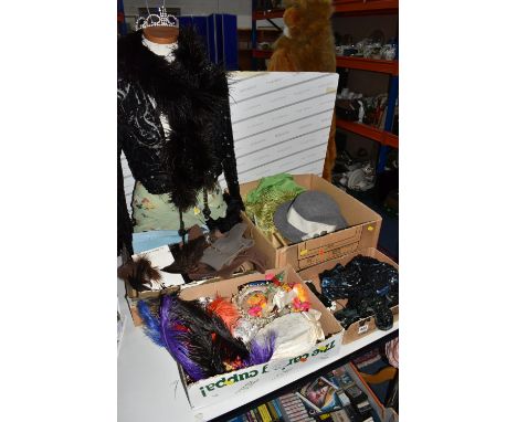 FOUR BOXES AND LOOSE LADIES' CLOTHING AND ACCESSORIES, to include a pink robe embroidered with a dragon, a black sequin jacke