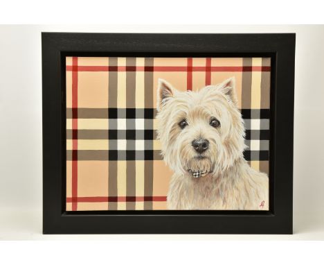 HAYLEY GOODHEAD ( BRITISH CONTEMPORARY) 'BURBERRY BOY', a portrait of a West Highland Terrier set against a Burberry patterne