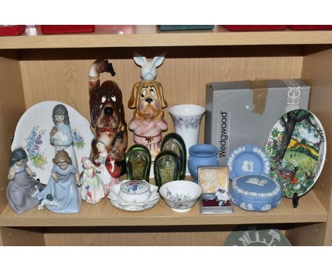 A GROUP OF CERAMICS AND GLASSWARE, to include three nineteenth century dump weights filled with tiny beads, height of tallest