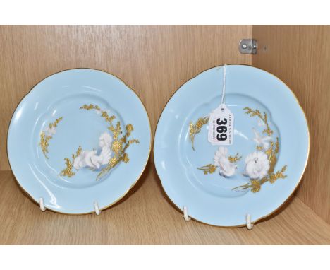 TWO ROYAL WORCESTER HAND PAINTED TEA PLATES, SIGNED BY GEORGE JOHNSON, comprising two tea plates hand painted with white fant