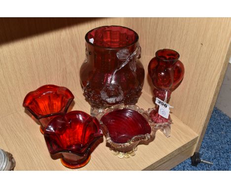 FIVE PIECES OF CRANBERRY/RUBY GLASS, comprising a large clear and cranberry glass vase with applied flowers, height 18cm (ext