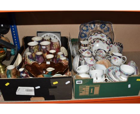 TWO BOXES OF DECORATIVE CERAMICS AND TEAWARE, to include cups and saucers, plates, milk creamers, sugar bowls etc. names incl