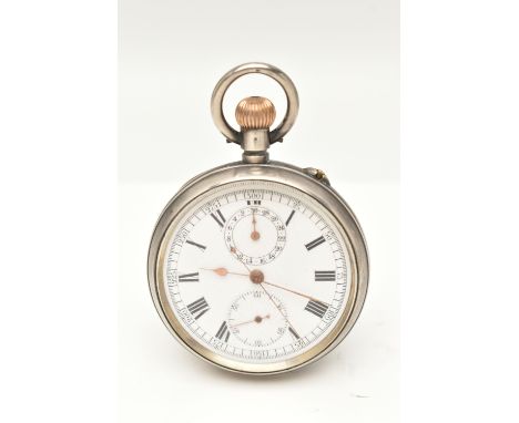 A WHITE METAL OPEN FACE POCKET WATCH, manual wind, round white Roman numeral dial, two subsidiary dials at the twelve and six