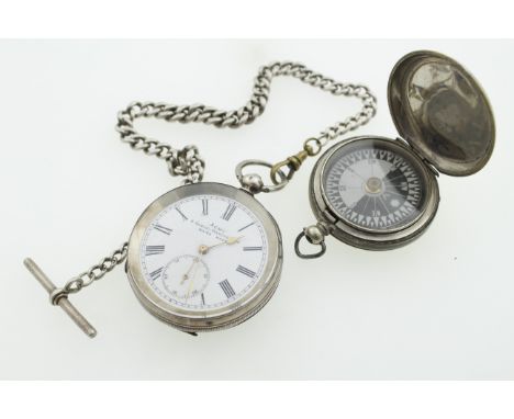 A Silver pocket watch A/F (service required) with a silver single Albert chain (dog-clip metal), together with a metal milita