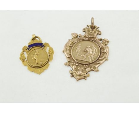 Two 9ct football fobs, rose gold H/M B'ham 1913, engraved "South African Army Football Association Challenge Cup 1913, a yell