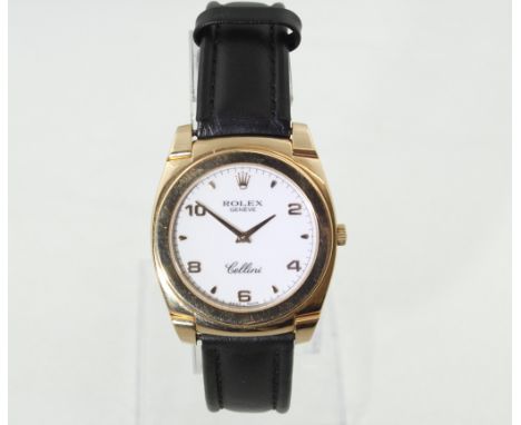 ROLEX - A ROLEX CELLINI 18ct rose gold manual-wind wristwatch on a non-original black leather strap with original rolex buckl