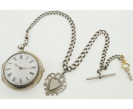 A silver verge pocket watch H/M London 1889 together with silver Albert chain and fob, working.