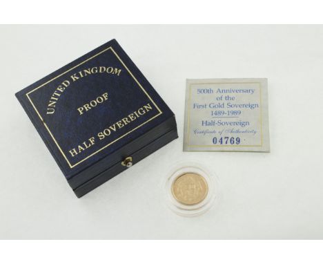 A 1989 proof half sovereign, 500th anniversary of first gold sovereign, with box & certificate of authenticity