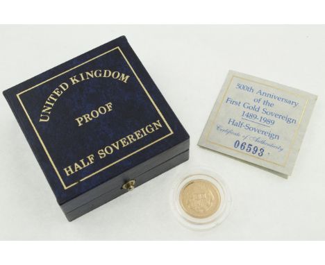 A 1989 proof half sovereign, 50th anniversary of first gold sovereign, with box 7 certificate of authenticity 