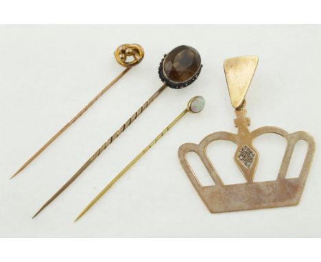 Three various stick pins together with a diamond set crown pendant, approx gross weight 10.5gms