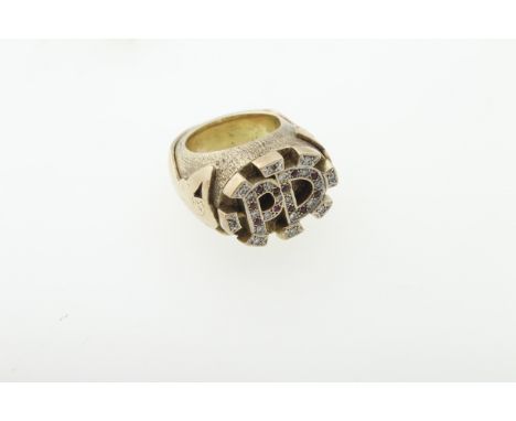 A large 9ct H/M gents ruby & diamond initial set ring, initails 'P D', size T, approx weight 79.8gms
