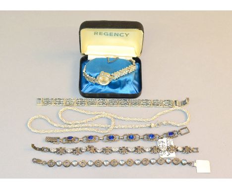 A mixed quantity of white metal jewellery, to include four bracelets, chain and a Marcasite watch, some stamped silver/925.