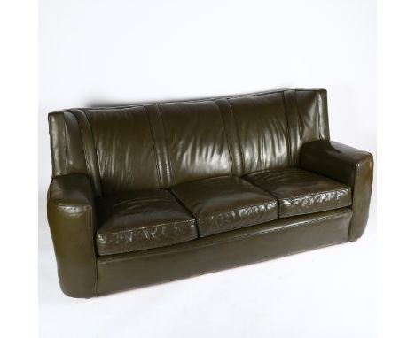 A 1940s' green leather club style 3 seat sofa, on casters length 180cm, height 82cmStructually sound, traditional heavy horse