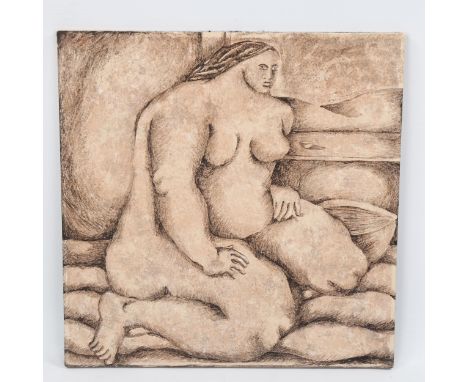 PAULINE HUGHES, a ceramic, wall-hanging tile with painted nude, 2002, signed, 32.5cm sqGood condition, no chips or cracks 
