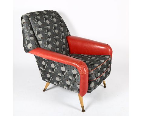 A mid-century armchair, with space age fabric and leather arms, on beech legs, height 87cmGood condition, signs of light wear