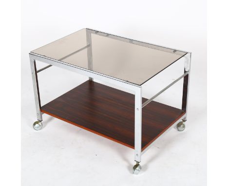 HOWARD MILLER Ltd, an MDA chrome and faux rosewood, tinted glass side table on casters, top 60 x 42cm, height 42cmGood condit