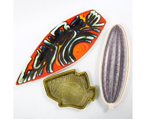 POOLE Pottery, 3 mid-century platters, 1950s' Freeform, 1960s' ROBERT JEFFERSON, 1970s' Delphis, largest 43cmFreeform chipped