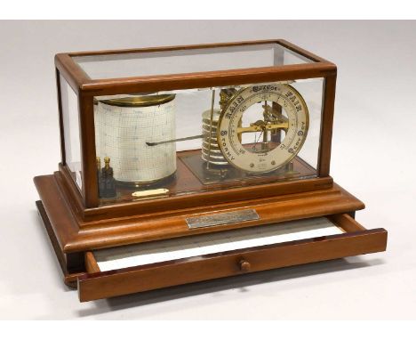 A G Baines (Harrogate) Barograph with eight section vacuum and circular dial 'Stormy Rain Change Fair Very Dry', in mahogany 