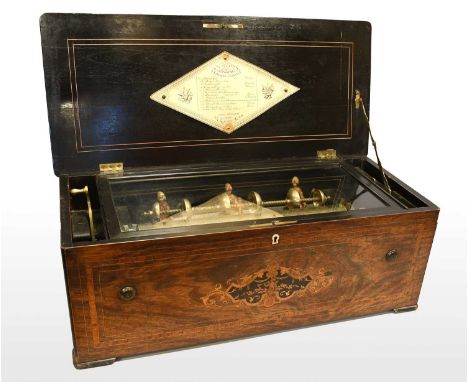 A Fine Mandarin-Striker Bells-In-View Musical Box By Lecoultre & Perrelet circa 1868, Ser. No. 38139, Gamme No. 198, playing 