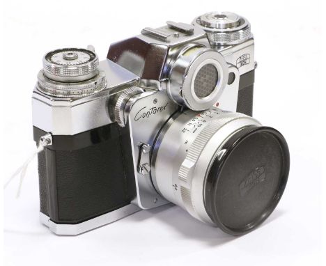 Zeiss Ikon Contarex Bullseye Camera no.22635, with Zeiss Planar f2 50mm lens, in leather caseShutter fires but timing appears
