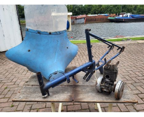Raleigh Wisp frame and engine (no V5 or paperwork), a vintage fibreglass fairing. (3 items)