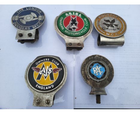 Five Car Badges, including Royal Automobile Club Associate, Ariel Owners Club, AJS and Matchless Owners Club, London Douglas 