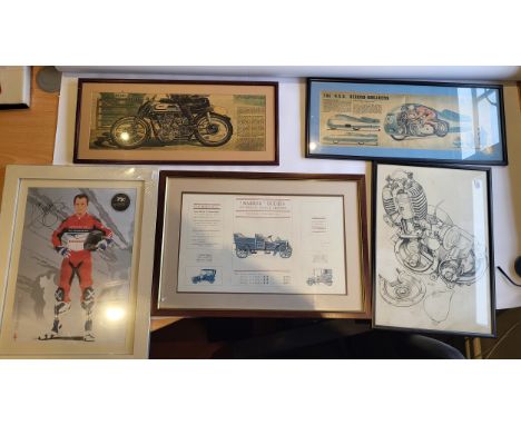 Five Motoring Related Framed Prints; Manx Norton, NSU Streamliner, a Berris cutaway drawing of an engine, a portrait of John 
