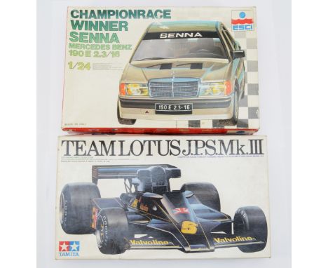 Tamiya Team Lotus JPS Mk III, scale 1:20, together with ESCI Senna Mercedes Benz 190E, both apparently complete (2 items)