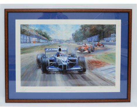 Prima Vittoria, Juan Pablo Montoya, limited edition print, by Alan Fearnley, signed in pencil by Montoya and Fearnley, 157/40