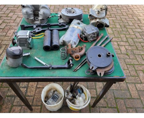 AMC Motorcycle parts, including Gearbox casing, fork shrouds, lower frame rails, side stand, brake parts, 2x late 350cc heads