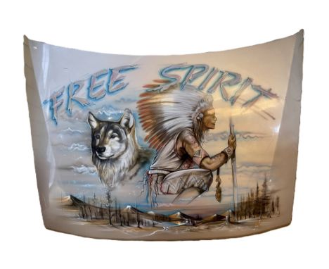 Wall Art, a Land Rover Discovery bonnet with airbrushed Free Spirit Native American scene, 160 x 130cm. (1 item)