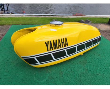 Petrol tank for Yamaha FS-1E refinished in Competition Yellow with Speed Block decals. (1 item)