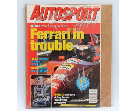 F1 signatures, Michael Schumacher, Ayrton Senna and Damon Hill, with one other, on an Autosport 4th February 1993 magazine. (