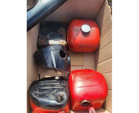 Two boxes of motorcycle body parts, including two fuel tanks, oil tank, toolbox, forks, headlight surround. (2 boxes)